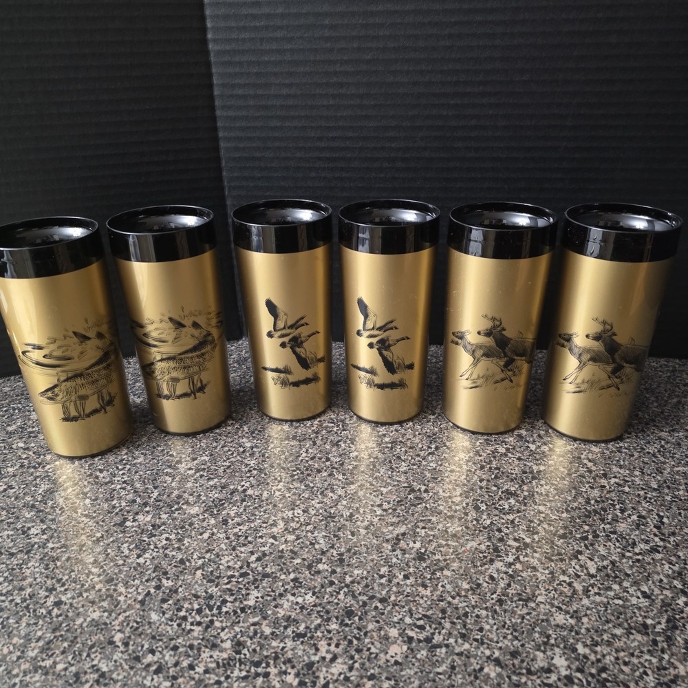 Vintage MCM NFC Gold Black Wildlife Insulated Tumblers Set of 6 Made in USA